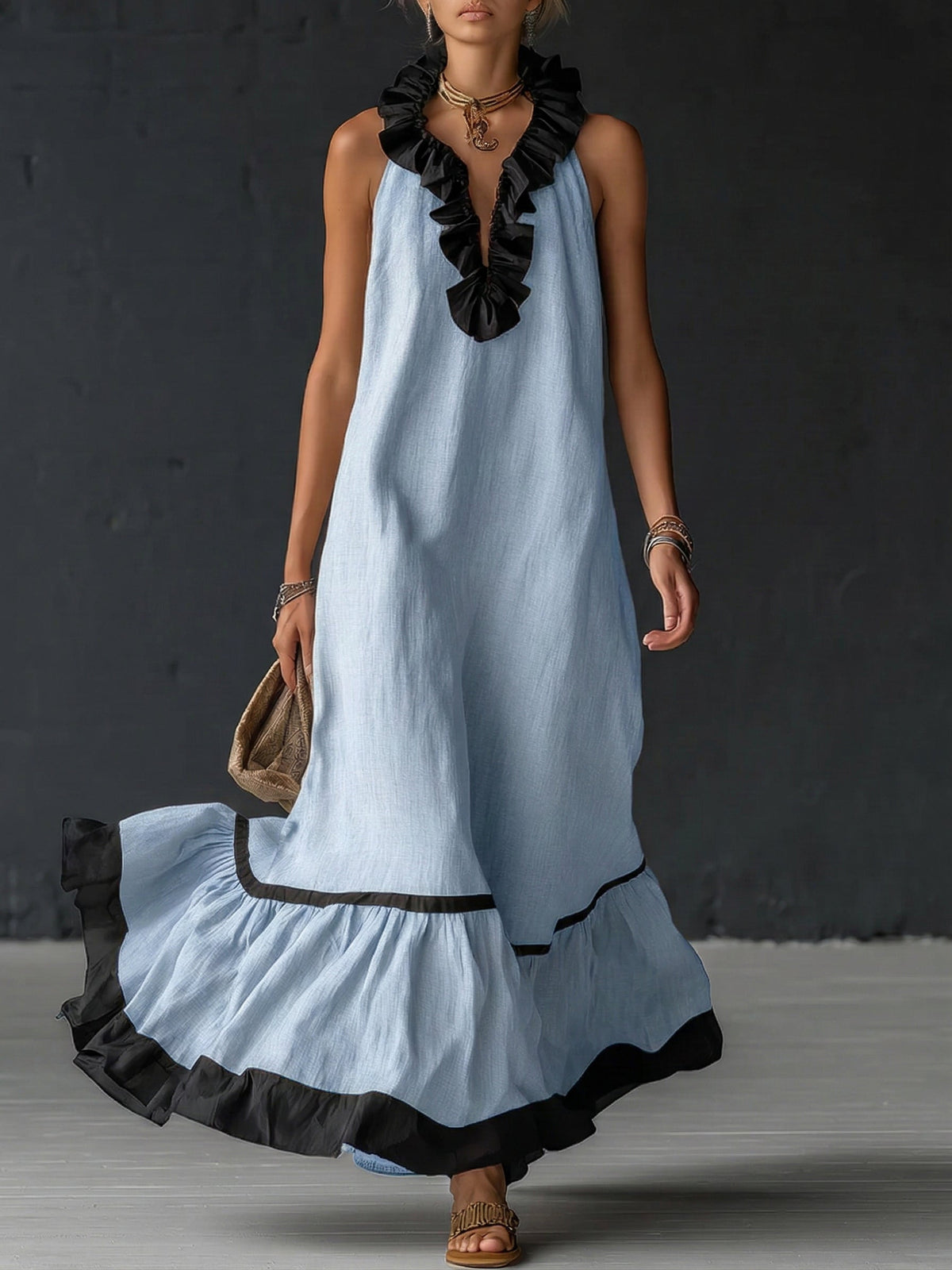 Emmerly | Women's Ruffled Maxi Dress, Round Neck, Short Sleeves