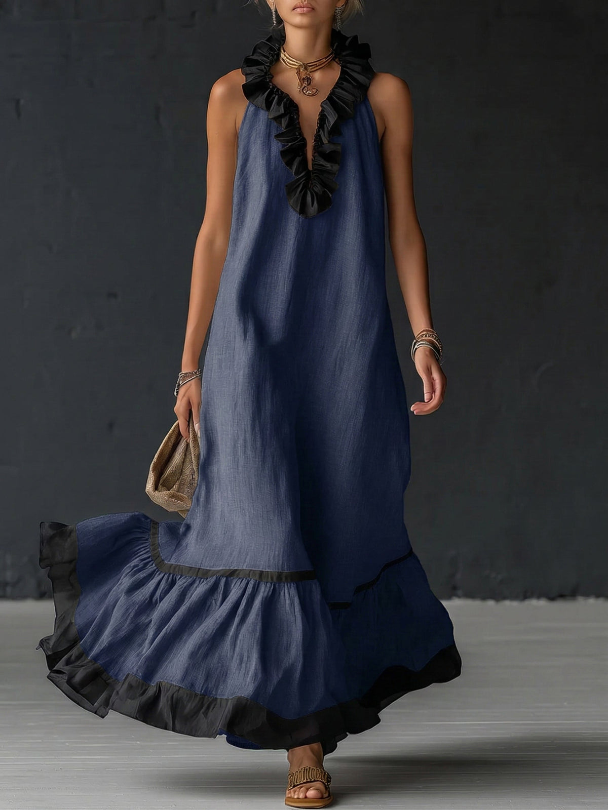 Emmerly | Women's Ruffled Maxi Dress, Round Neck, Short Sleeves