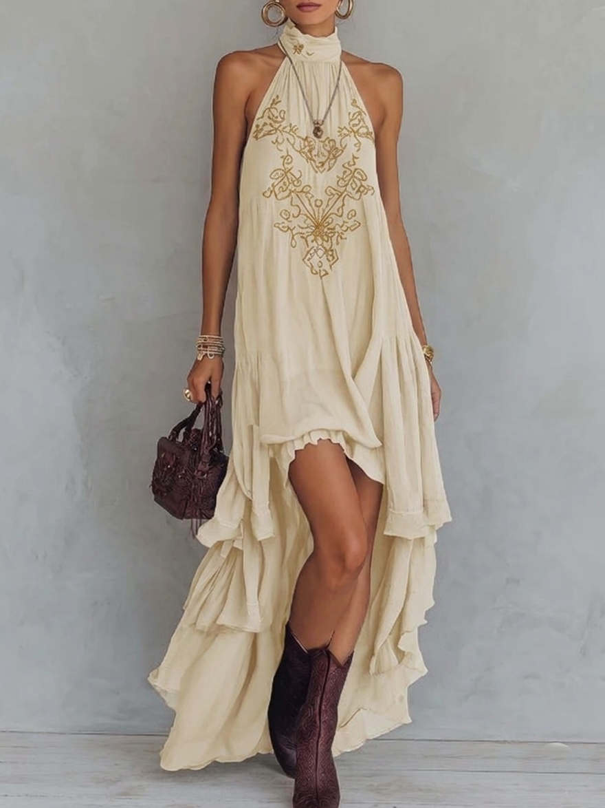 Lettice | Women's Ruffled Maxi Dress, Halter Neck, Short Sleeves