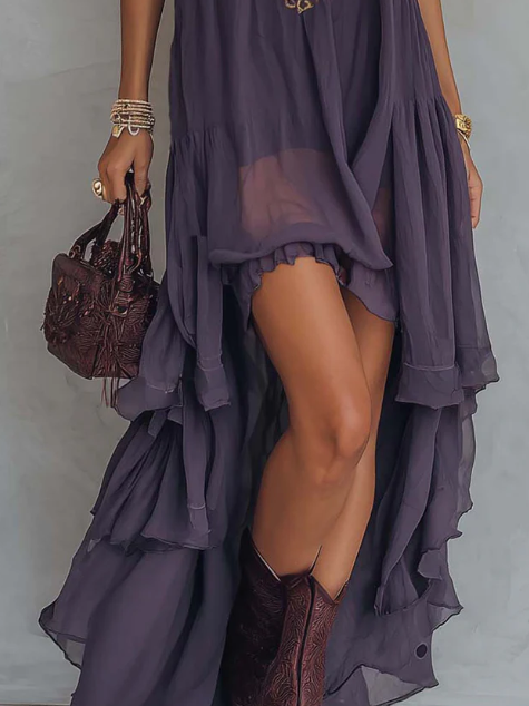 Lettice | Women's Ruffled Maxi Dress, Halter Neck, Short Sleeves
