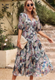 Women's floral V-neck midi dress with short puff sleeves and elastic waist