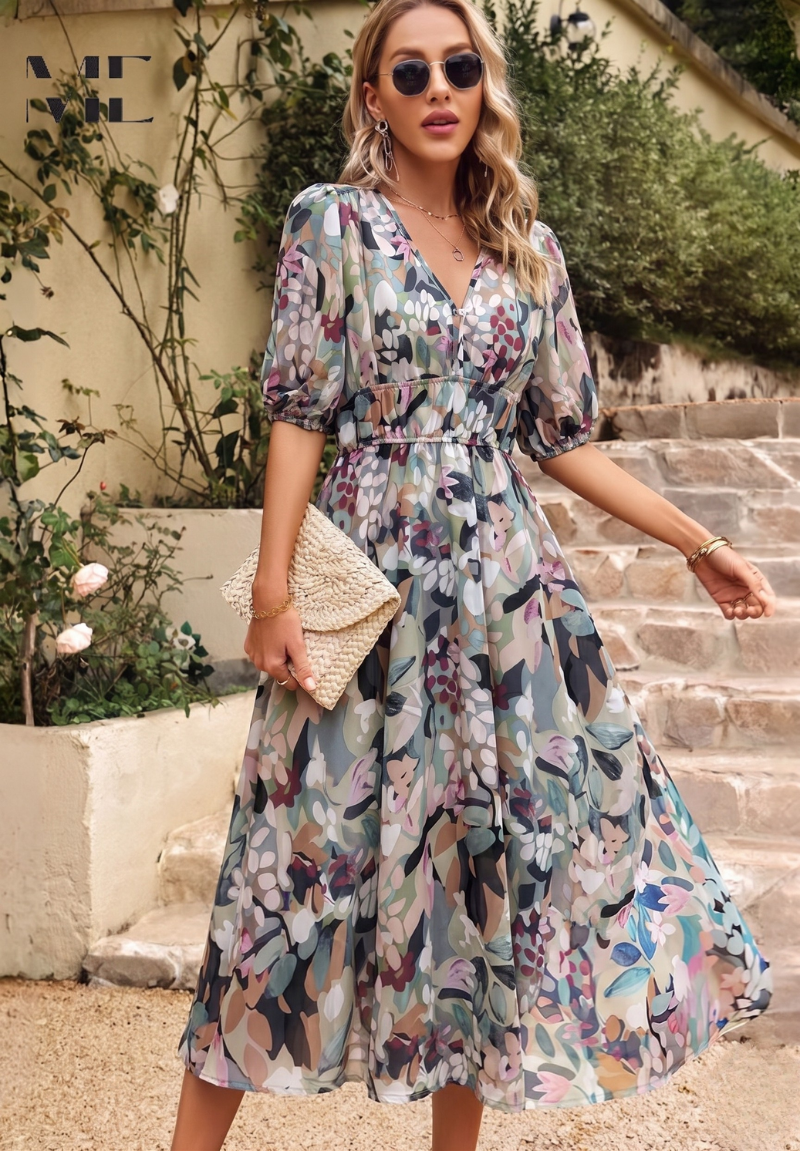 Women's floral V-neck midi dress with short puff sleeves and elastic waist