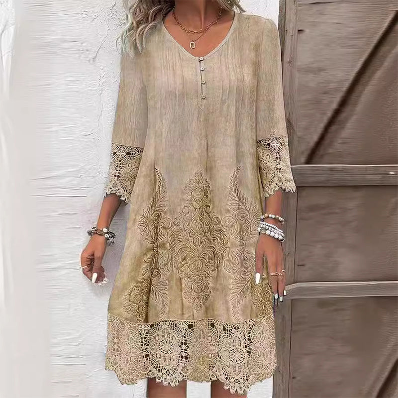 Pandora | Women's Embroidered Midi Dress, V-Neck, Short Sleeves