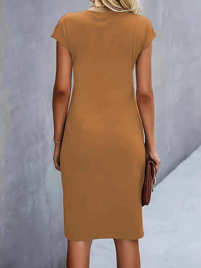 Lucasta | Women's Ruched Midi Dress, Round Neck, Short Sleeves