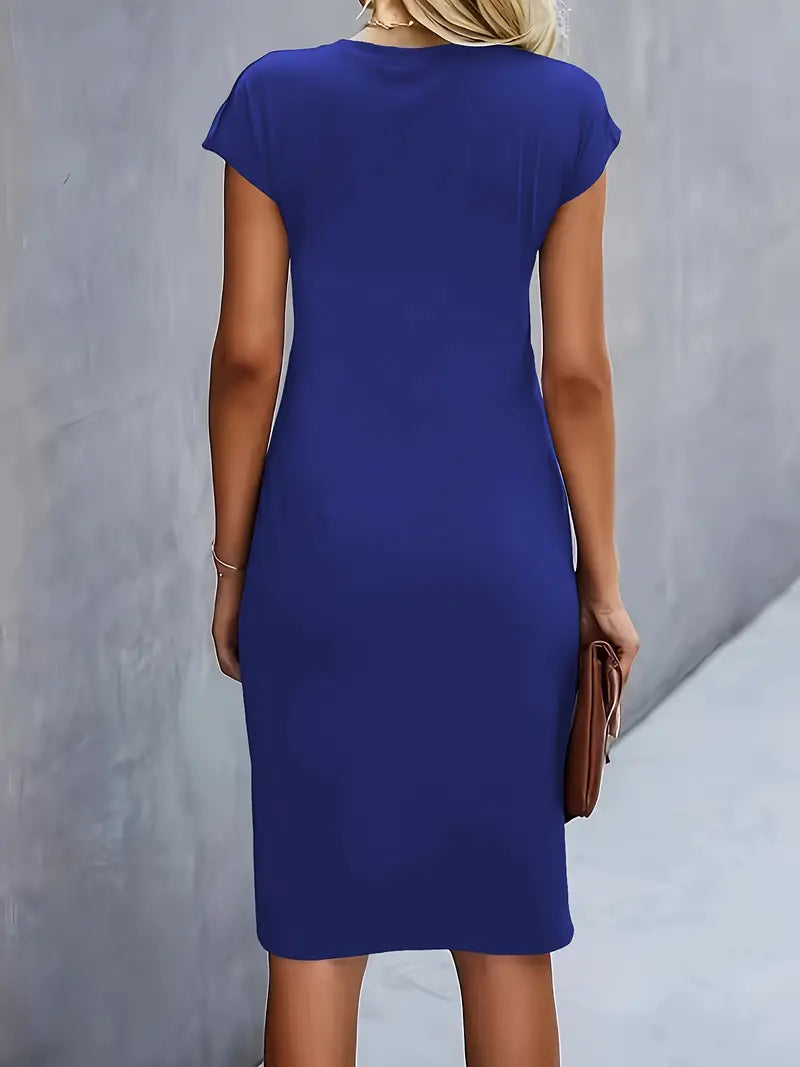 Lucasta | Women's Ruched Midi Dress, Round Neck, Short Sleeves