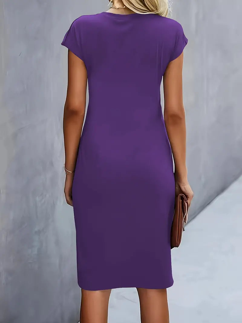 Lucasta | Women's Ruched Midi Dress, Round Neck, Short Sleeves