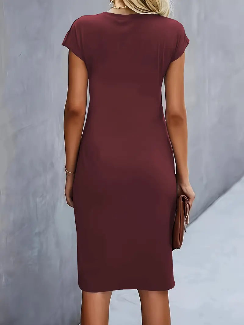 Lucasta | Women's Ruched Midi Dress, Round Neck, Short Sleeves