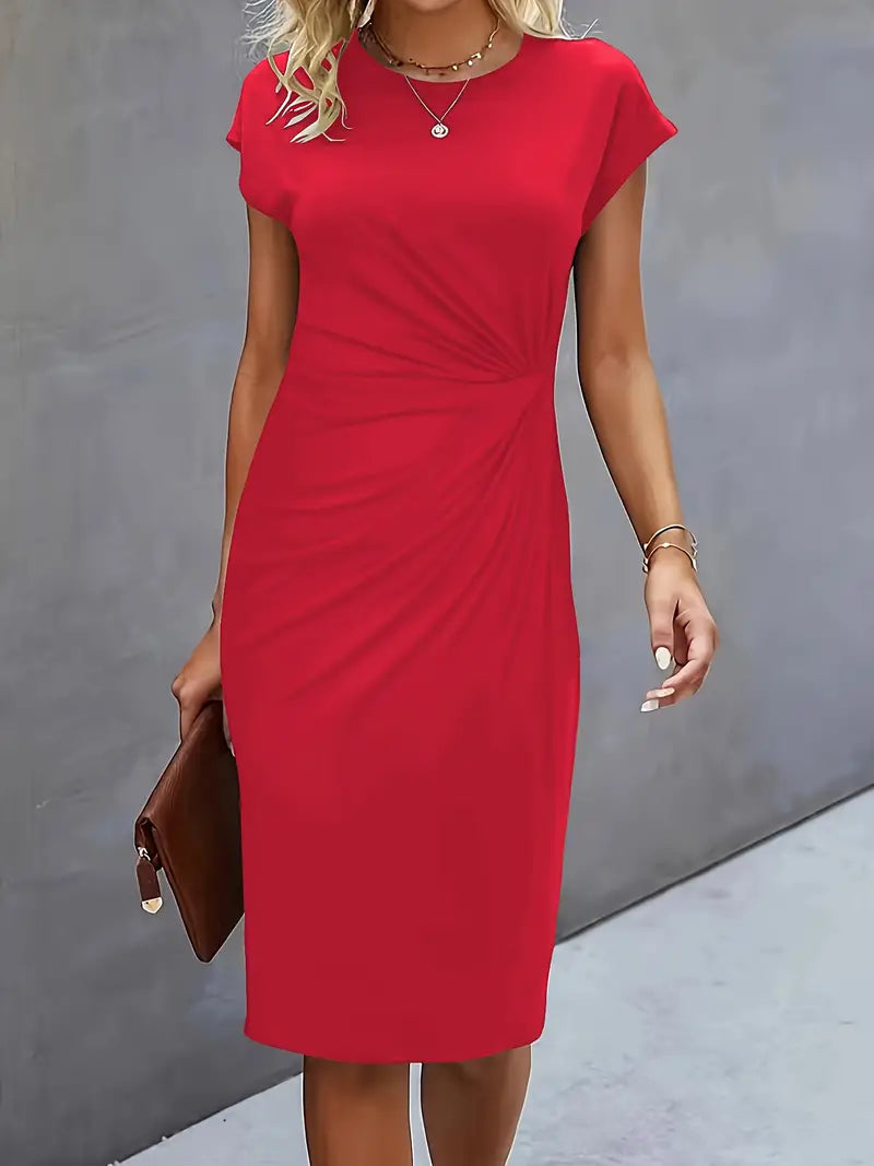 Lucasta | Women's Ruched Midi Dress, Round Neck, Short Sleeves