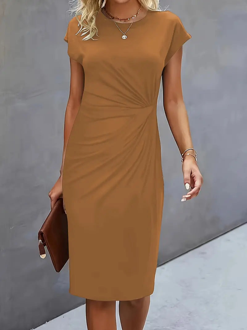 Lucasta | Women's Ruched Midi Dress, Round Neck, Short Sleeves