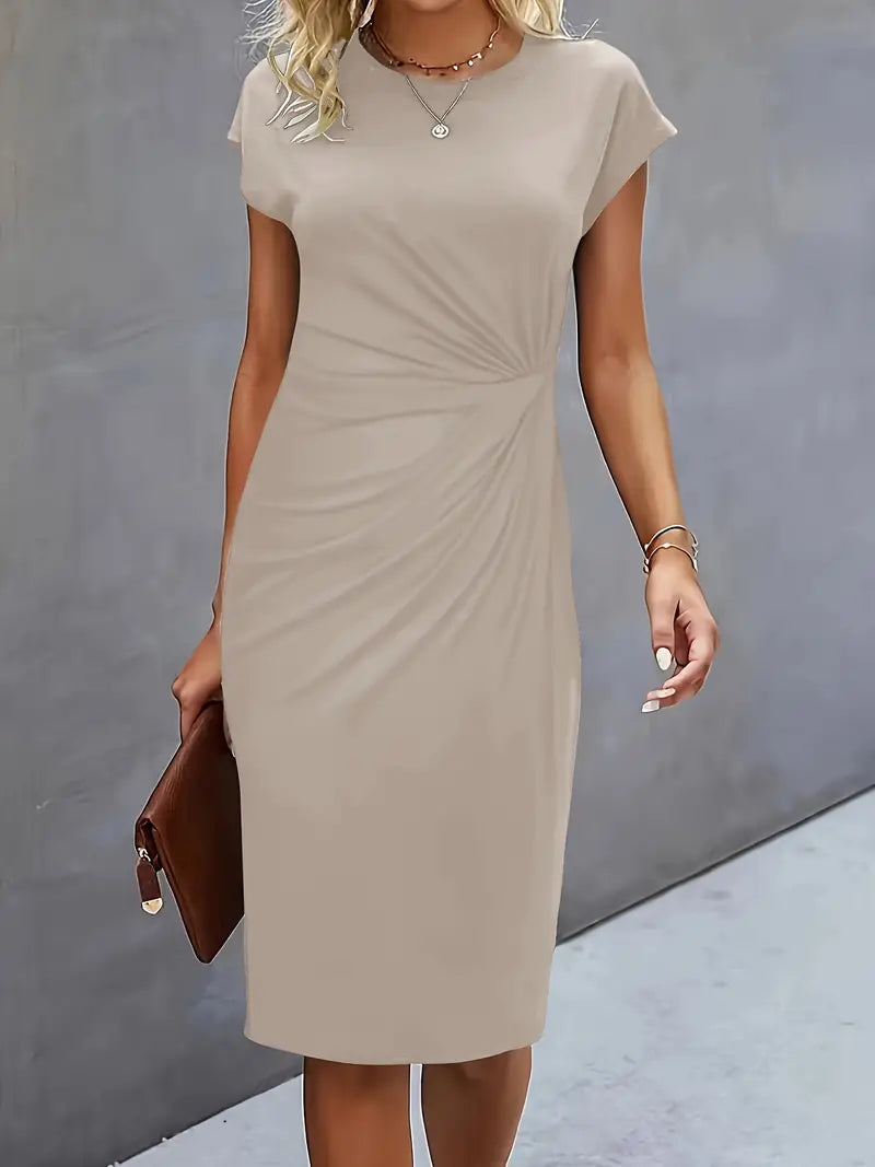 Lucasta | Women's Ruched Midi Dress, Round Neck, Short Sleeves