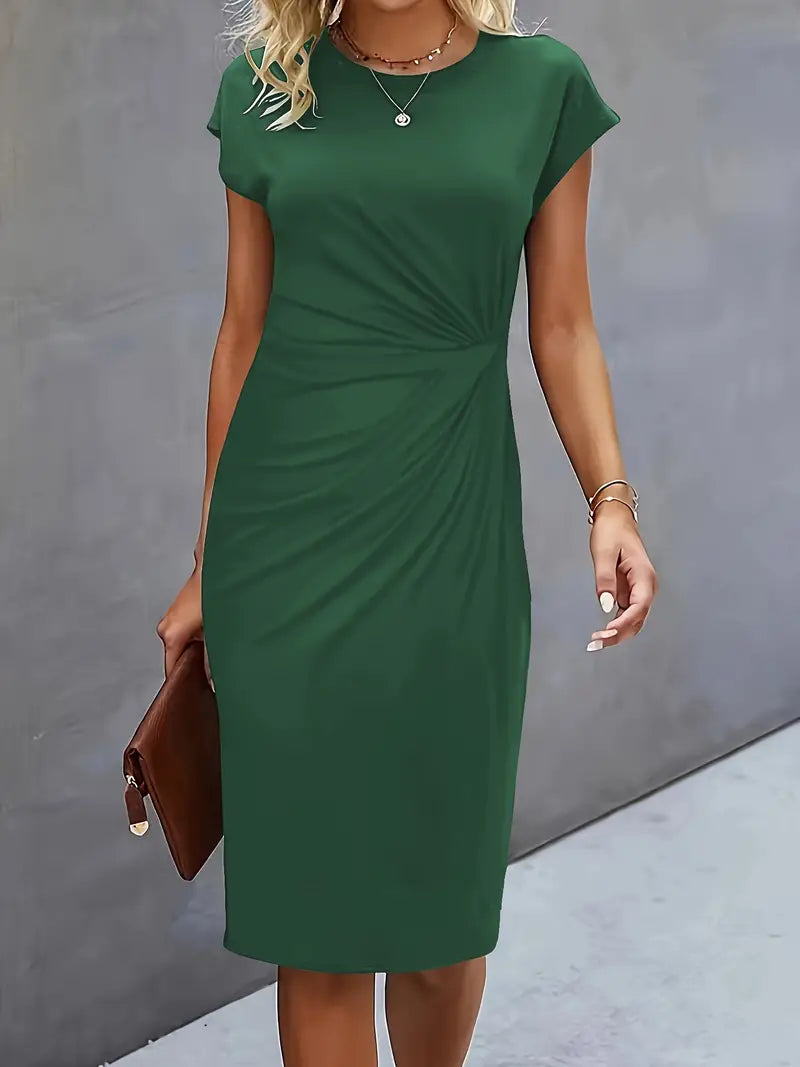 Lucasta | Women's Ruched Midi Dress, Round Neck, Short Sleeves