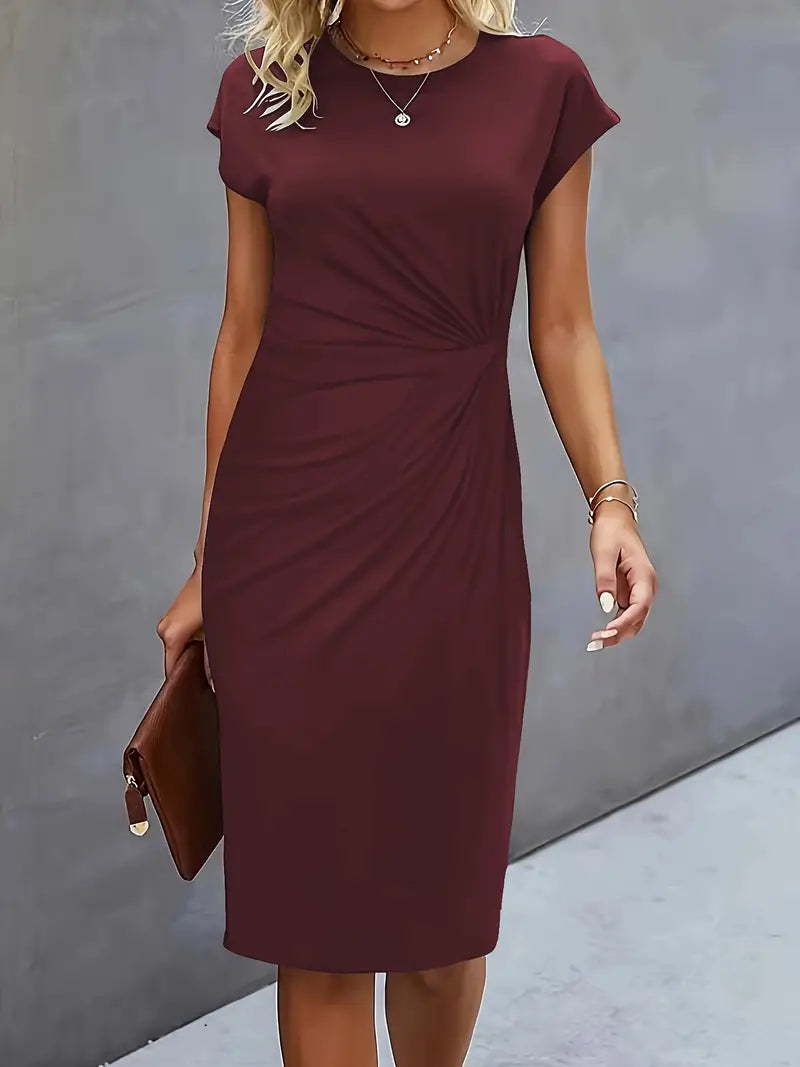 Lucasta | Women's Ruched Midi Dress, Round Neck, Short Sleeves