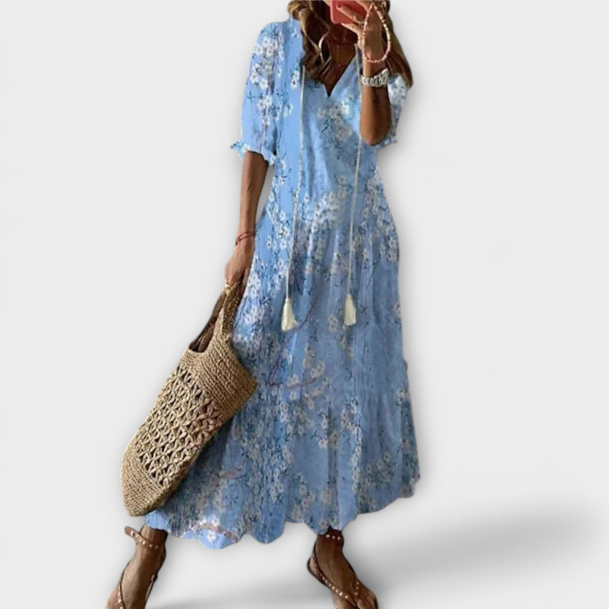 Ninette | Women's Bohemian Maxi Dress, Round Neck, Short Sleeves
