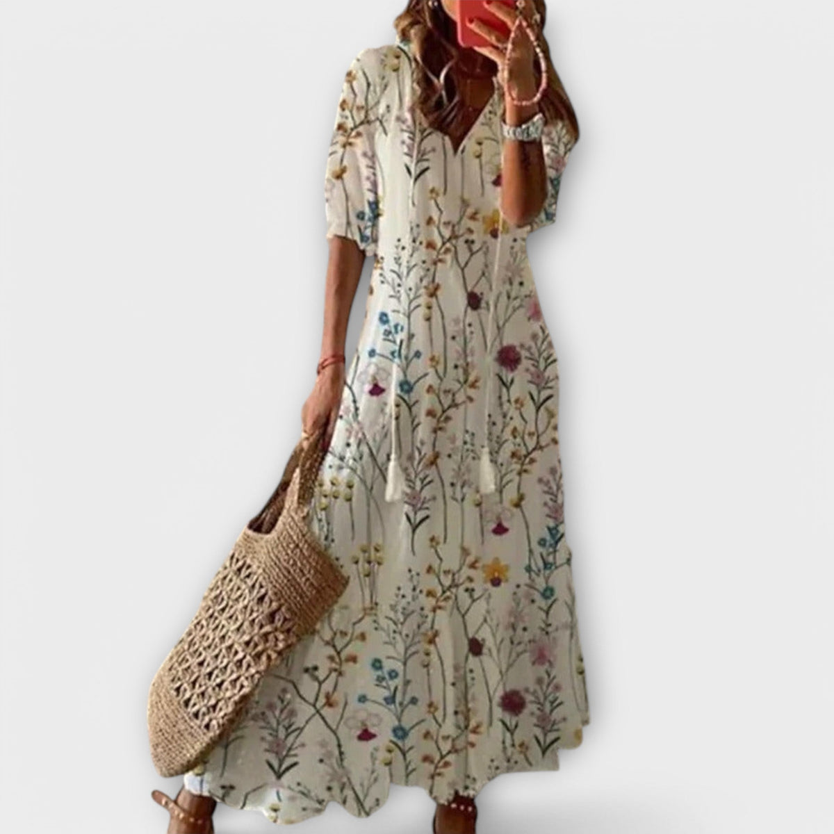 Ninette | Women's Bohemian Maxi Dress, Round Neck, Short Sleeves
