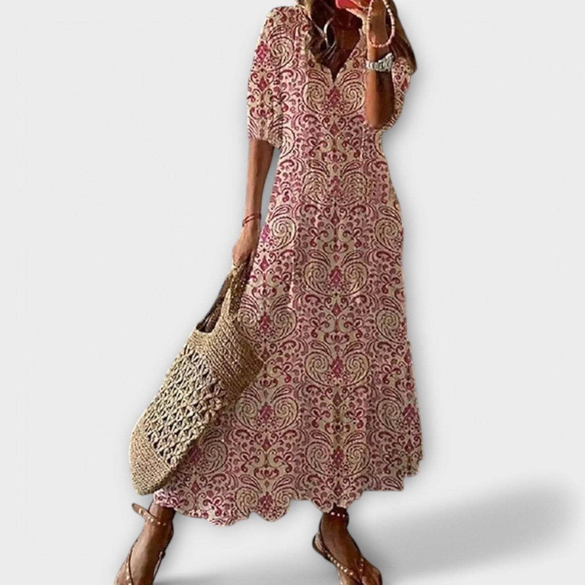 Ninette | Women's Bohemian Maxi Dress, Round Neck, Short Sleeves
