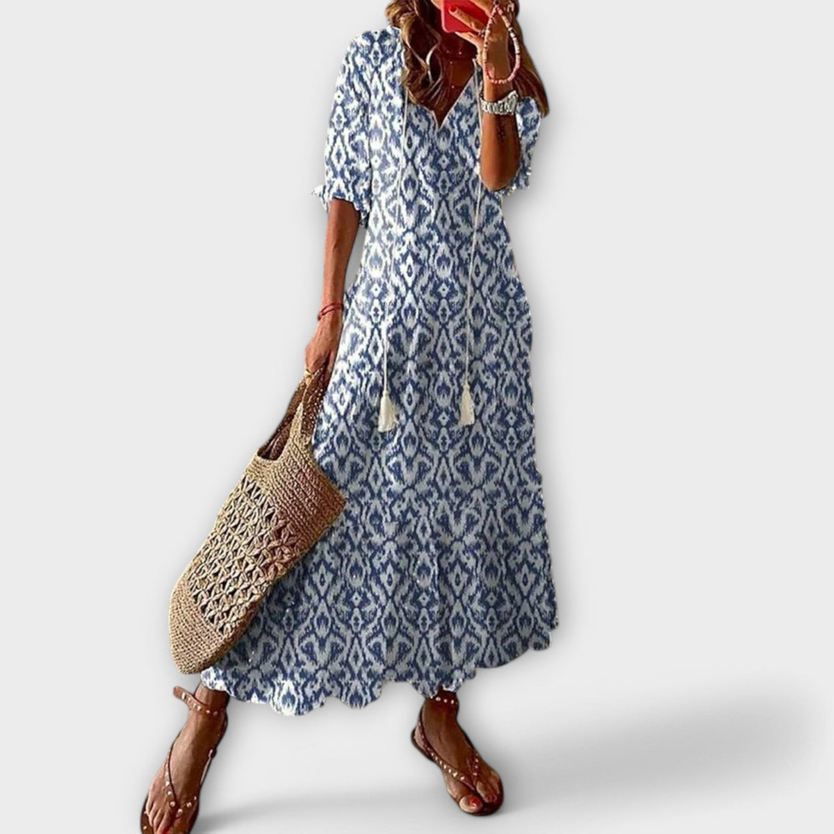 Ninette | Women's Bohemian Maxi Dress, Round Neck, Short Sleeves