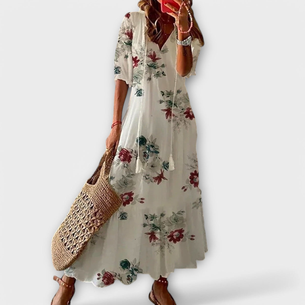 Ninette | Women's Bohemian Maxi Dress, Round Neck, Short Sleeves