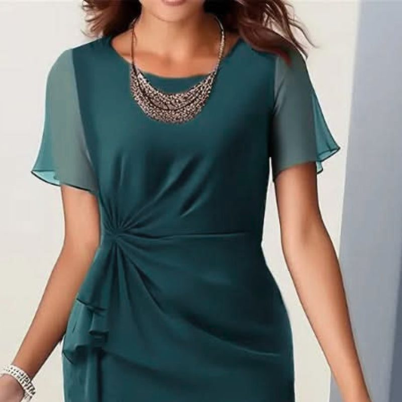 Lorenza ruffled midi dress, round neck, flutter sleeves