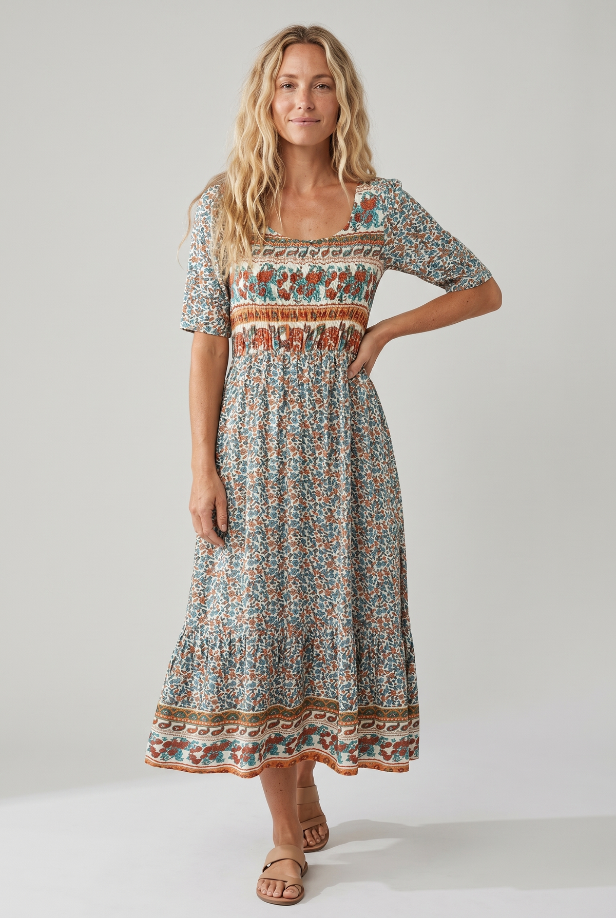 Rowena | Women's Bohemian A-Line Midi Dress, Round Neck, Short Sleeves