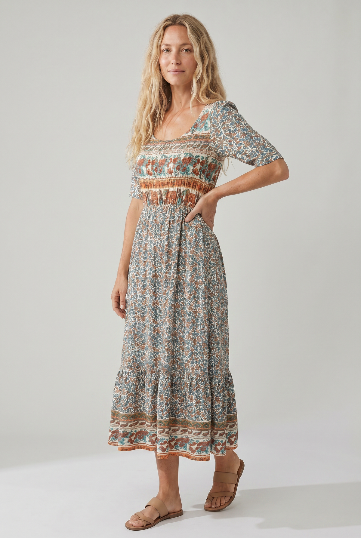 Rowena | Women's Bohemian A-Line Midi Dress, Round Neck, Short Sleeves