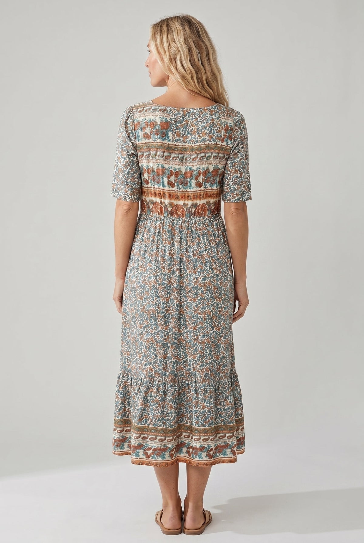 Rowena | Women's Bohemian A-Line Midi Dress, Round Neck, Short Sleeves
