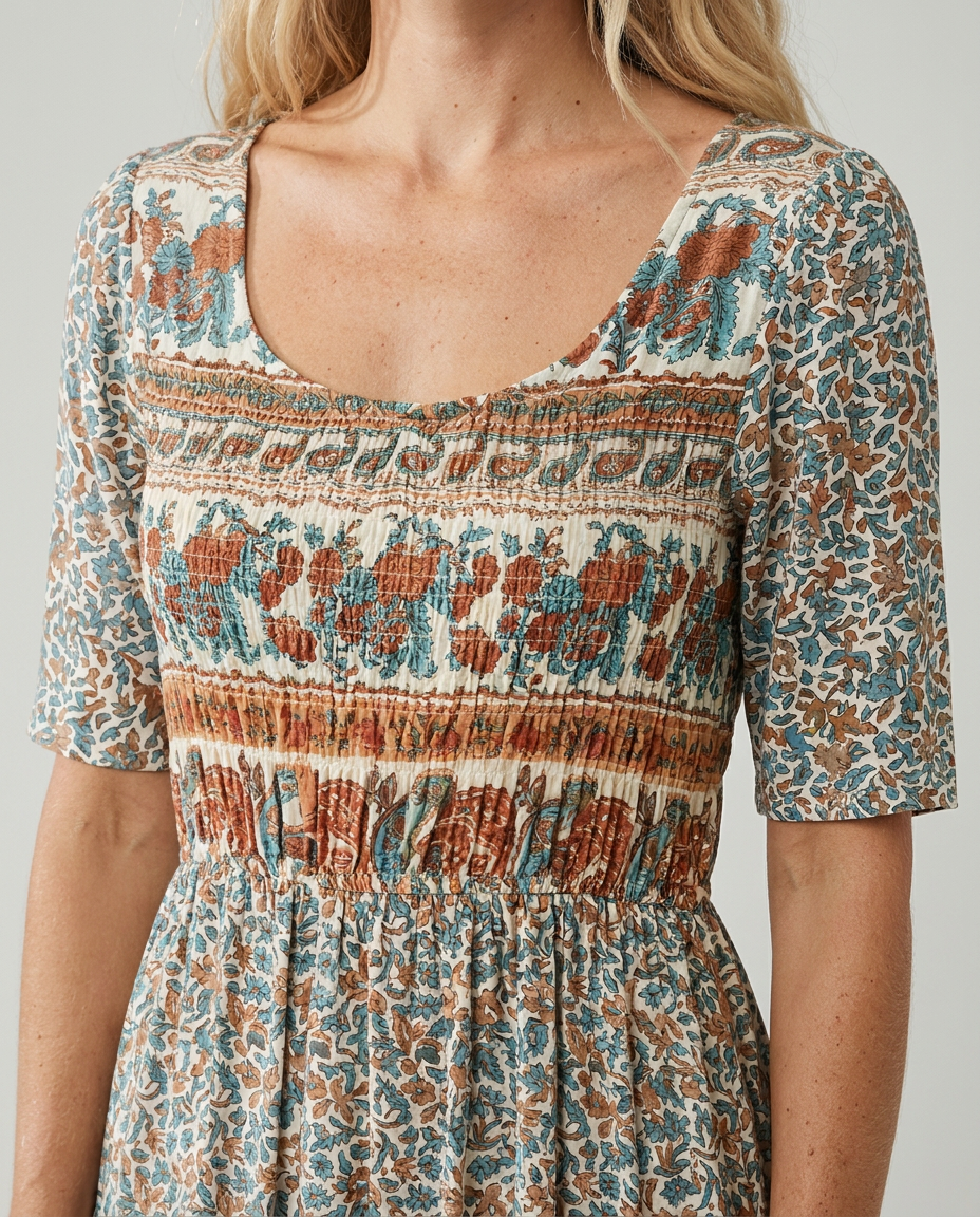 Rowena | Women's Bohemian A-Line Midi Dress, Round Neck, Short Sleeves