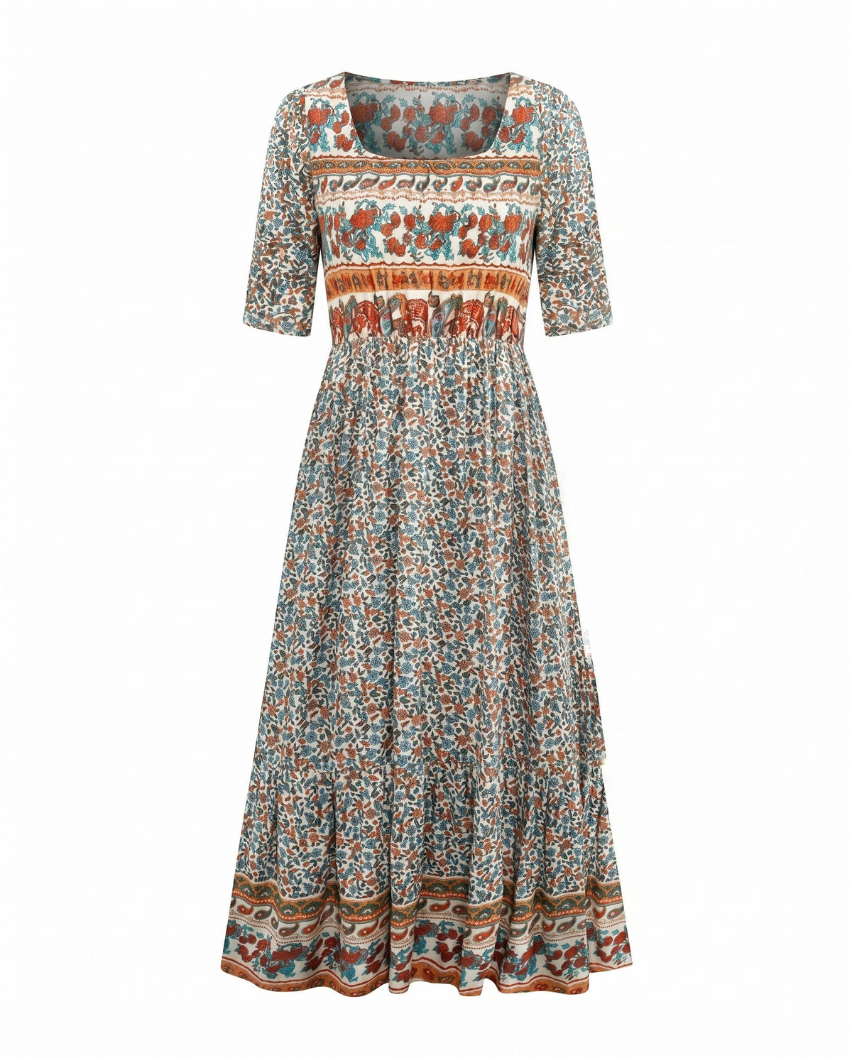 Rowena | Women's Bohemian A-Line Midi Dress, Round Neck, Short Sleeves