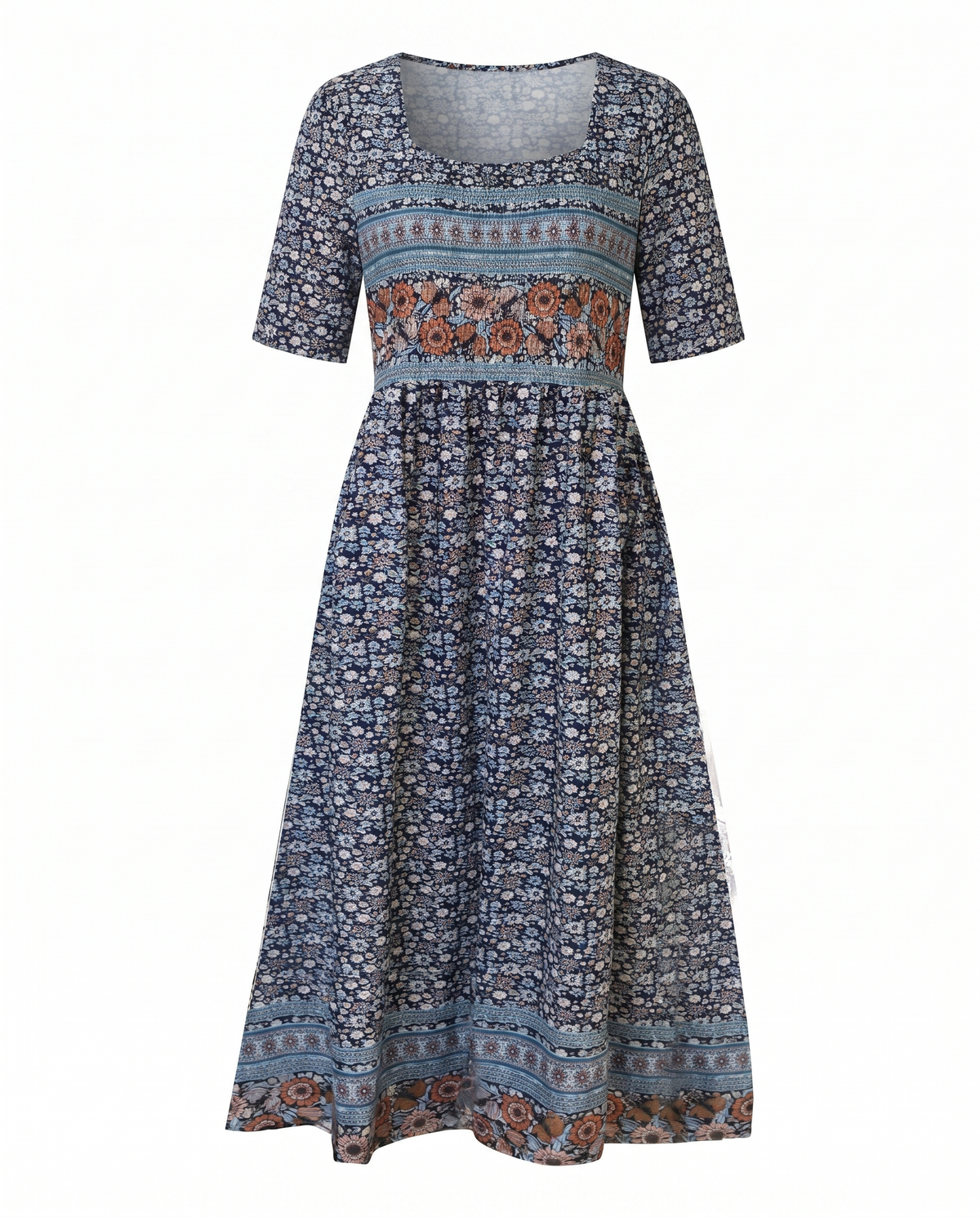 Rowena | Women's Bohemian A-Line Midi Dress, Round Neck, Short Sleeves