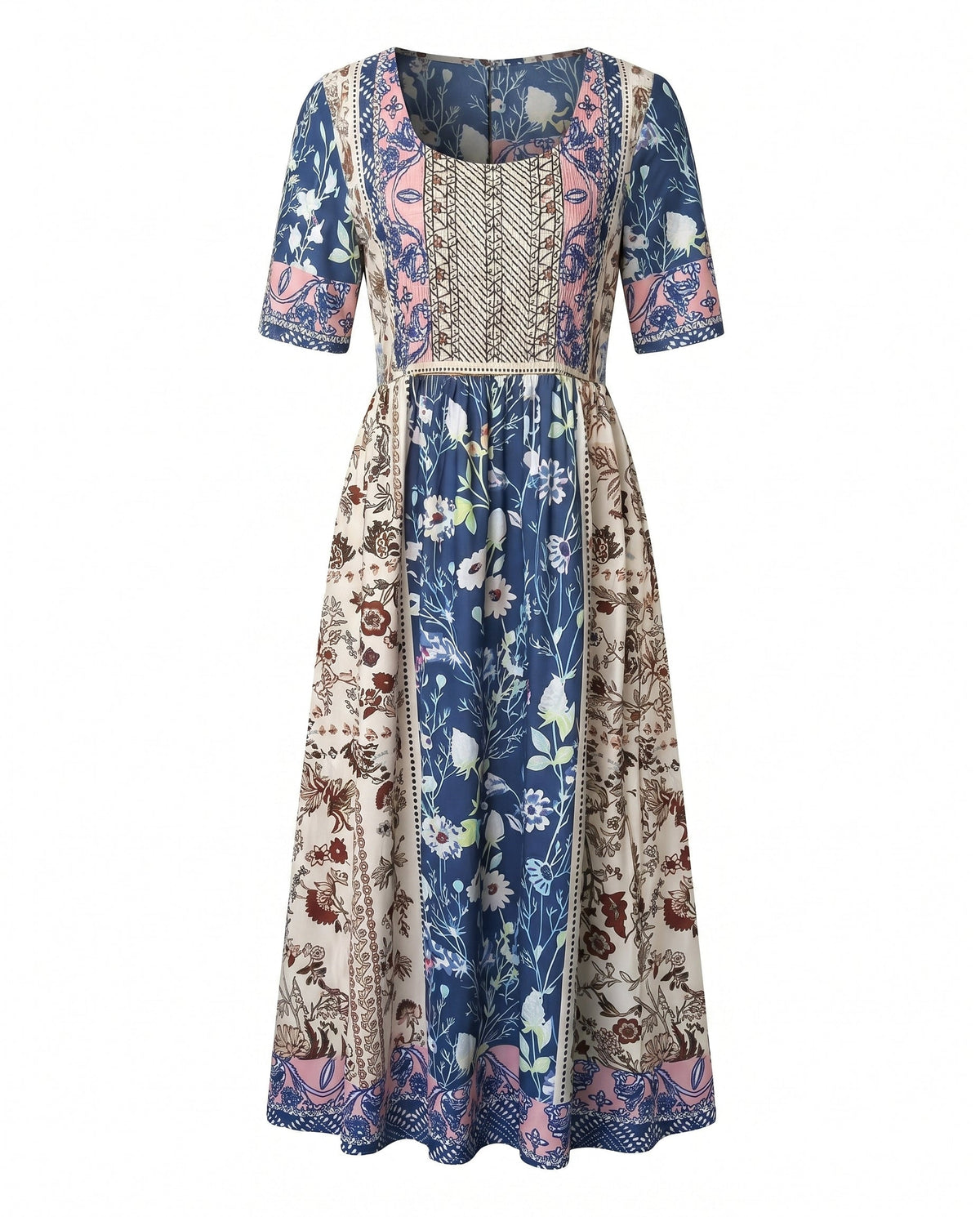 Rowena | Women's Bohemian A-Line Midi Dress, Round Neck, Short Sleeves