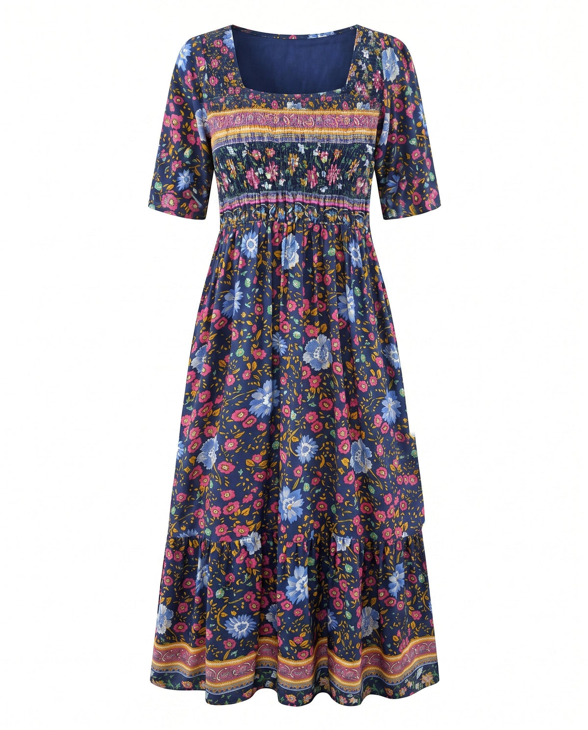Rowena | Women's Bohemian A-Line Midi Dress, Round Neck, Short Sleeves