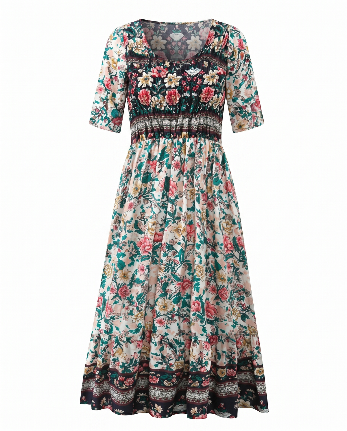 Rowena | Women's Bohemian A-Line Midi Dress, Round Neck, Short Sleeves
