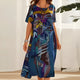 Women's Blue Floral Relaxed Midi Dress, Round Neck, Short Sleeves