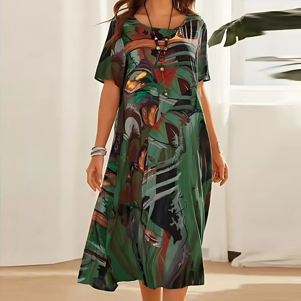 Women's Blue Floral Relaxed Midi Dress, Round Neck, Short Sleeves
