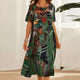 Women's Blue Floral Relaxed Midi Dress, Round Neck, Short Sleeves