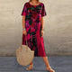 Women's Blue Floral Relaxed Midi Dress, Round Neck, Short Sleeves