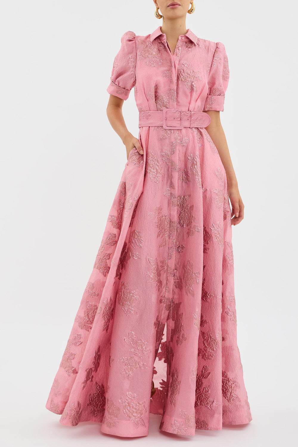 Women's Floral A-Line Maxi Dress, Round Neck, Puff Sleeves