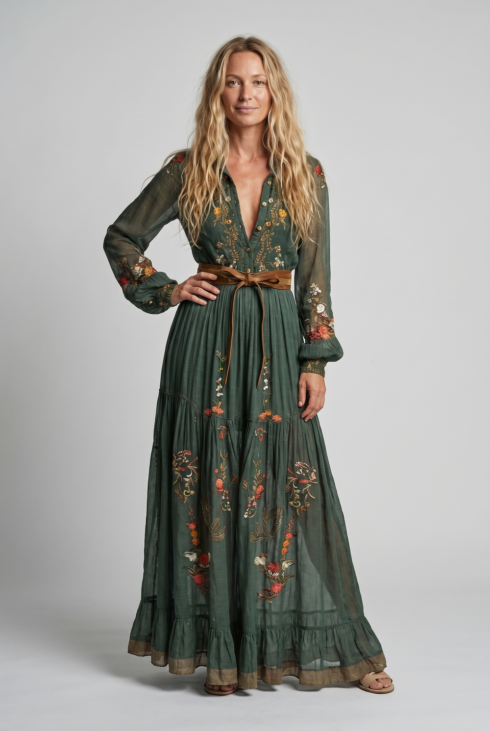 Fionnuala | Women's Embroidered Maxi Dress, V-Neck, Long Sleeves