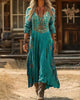 Women's Embroidered Bohemian Maxi Dress, V-Neck, Long Sleeves