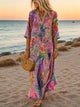 Women's Floral Relaxed Maxi Dress, V-Neck, Three-Quarter Sleeves