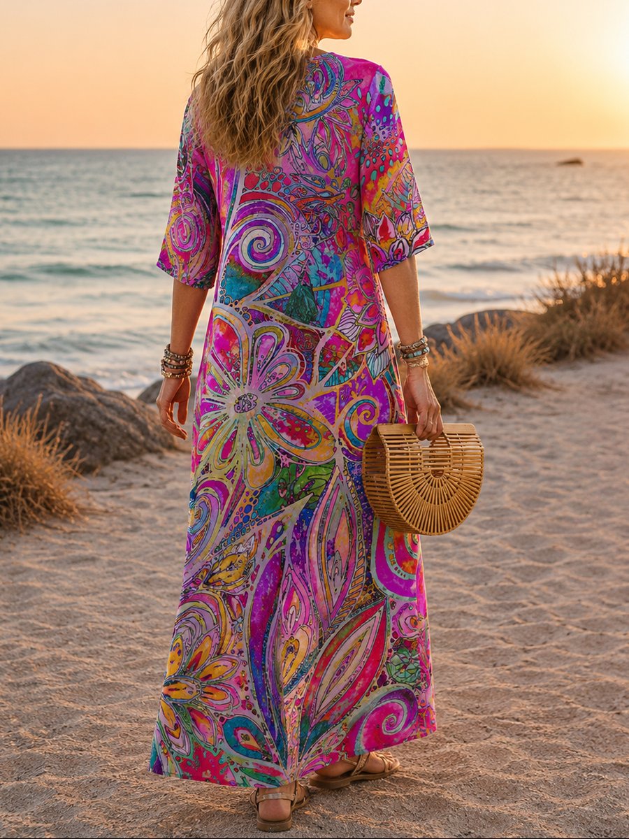 Women's Floral Relaxed Maxi Dress, V-Neck, Three-Quarter Sleeves