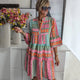 Women's Bohemian Tiered Midi Dress, Round Neck, Three-Quarter Sleeves