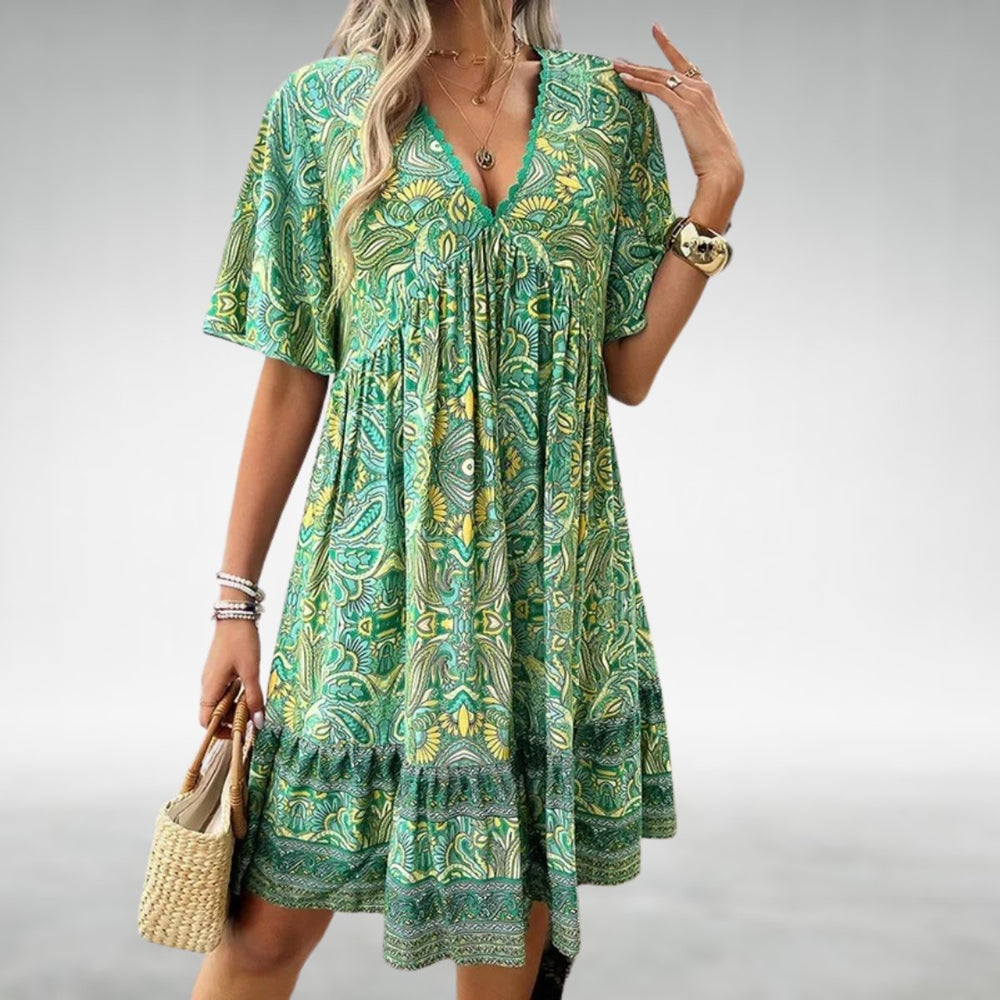Women's Bohemian Midi Dress, V-Neck, Flutter Sleeves