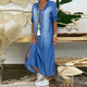 Women's Denim Relaxed Midi Dress, Round Neck, Short Sleeves