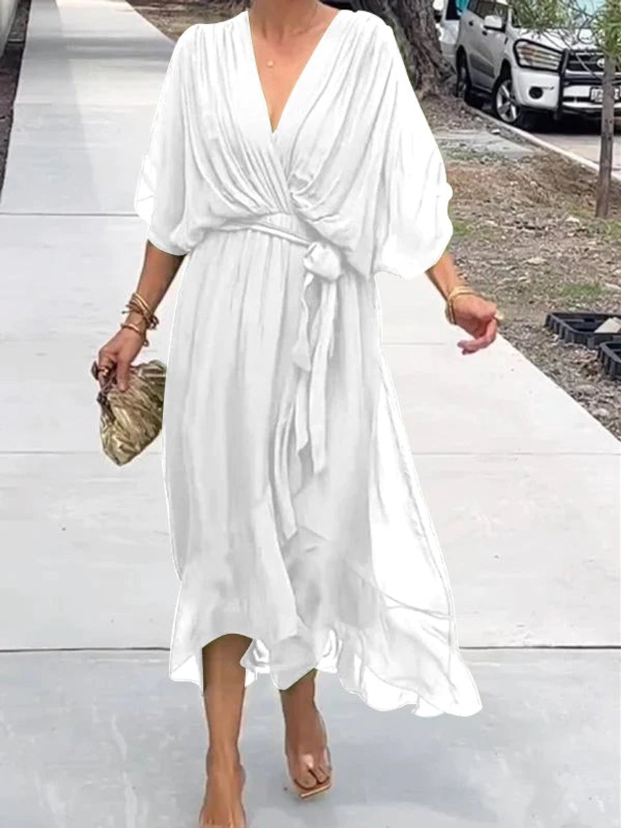 Women's Relaxed Midi Dress, Round Neck, Batwing Sleeves