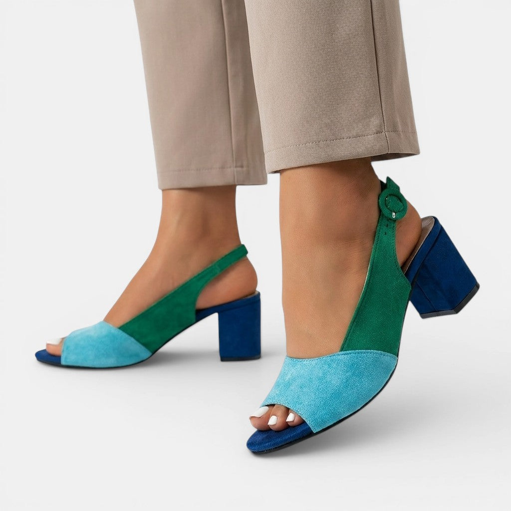 Solenne | Women's Colourblock Slingback Sandals, Peep Toe, Block Heel