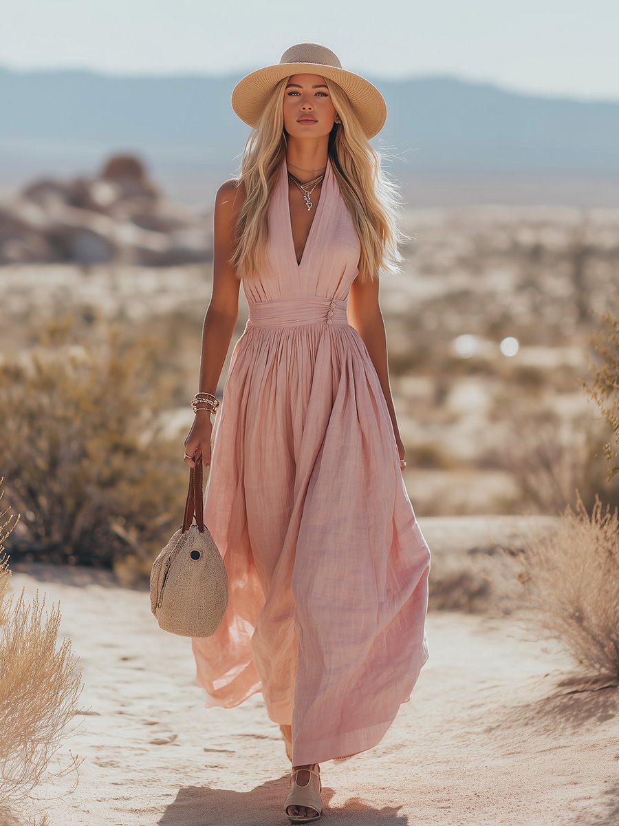 Women's Ruched Maxi Dress, Halter Neck, Short Sleeves