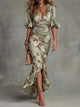 Women's Floral Ruched Maxi Dress, V-Neck, Flutter Sleeves