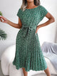Women's Casual Floral A-Line Midi Dress, Round Neck, Short Sleeves