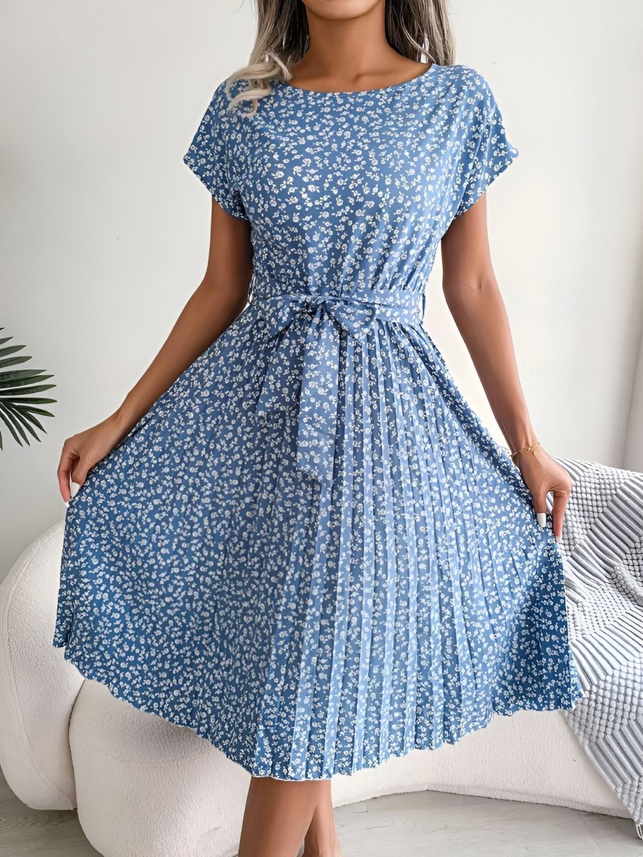 Women's Casual Floral A-Line Midi Dress, Round Neck, Short Sleeves