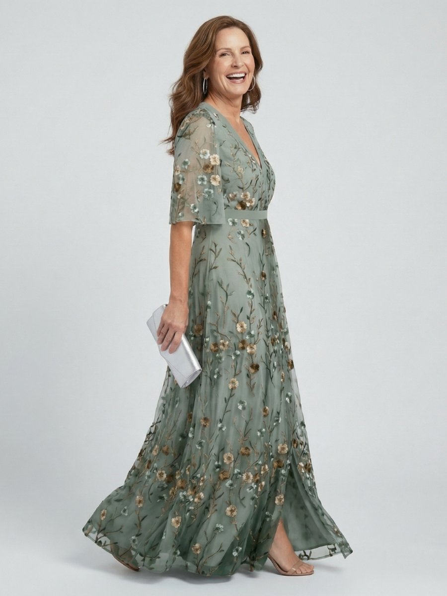 Women's Embroidered Floral Maxi Dress, Round Neck, Flutter Sleeves